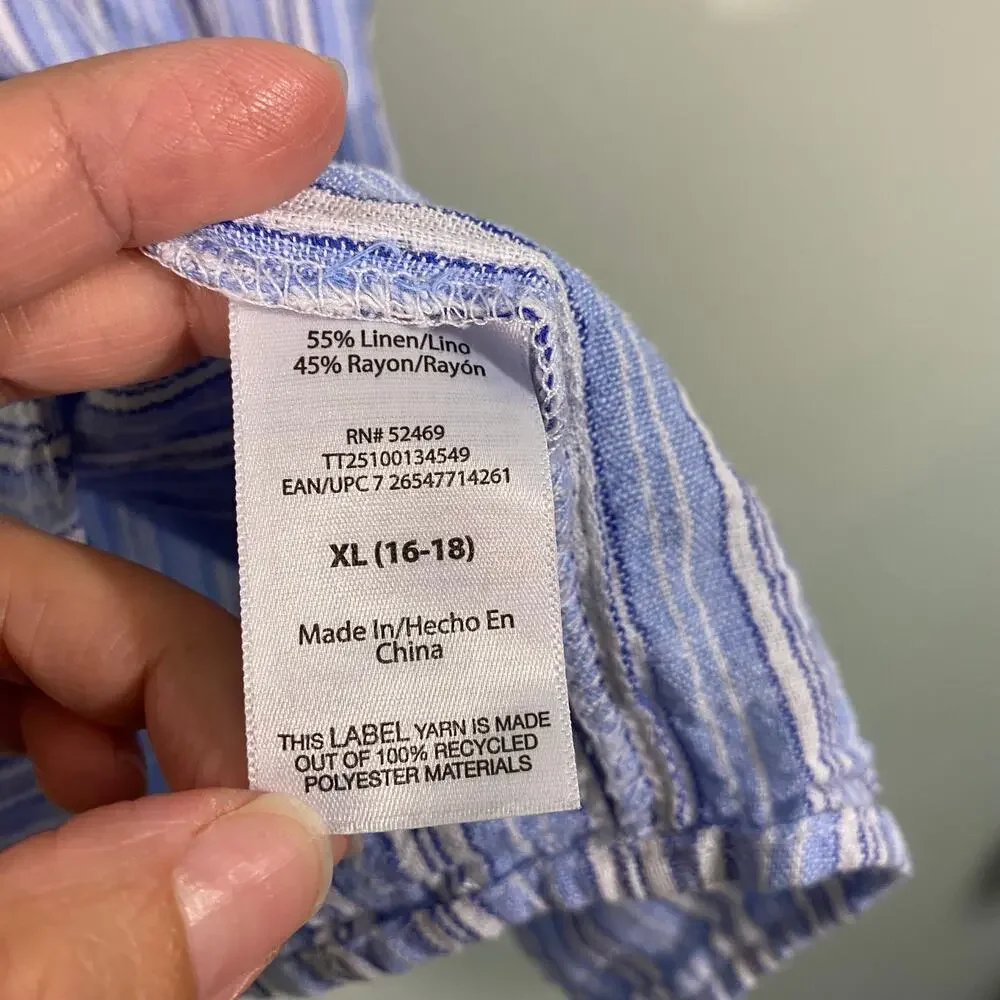 Time & Tru Women's Blue Striped Cap Sleeves Linen Blend Top Size XL (16-18)